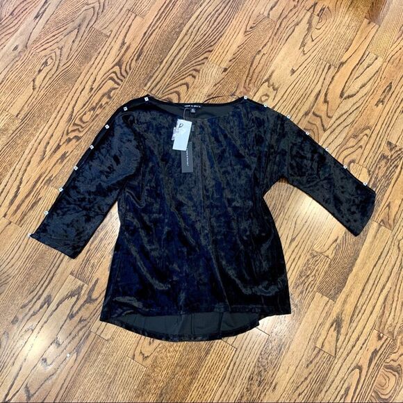 New CABLE $ GAUGE Black Velour Dressy Open Split Cold Shoulder Jewel Top S - Picture 1 of 5